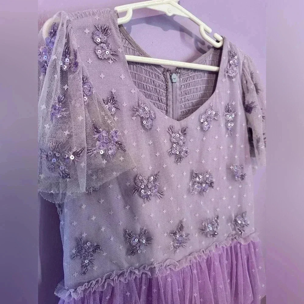 Ivy City Co Mini Purple Lavender Ombré Embroidered Floral Appliqués Tiered Dress